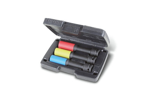 Serie di 3 chiavi a bussola Macchina lunghe colorate con inserti polimerici per dadi ruote in valigetta di plastica
