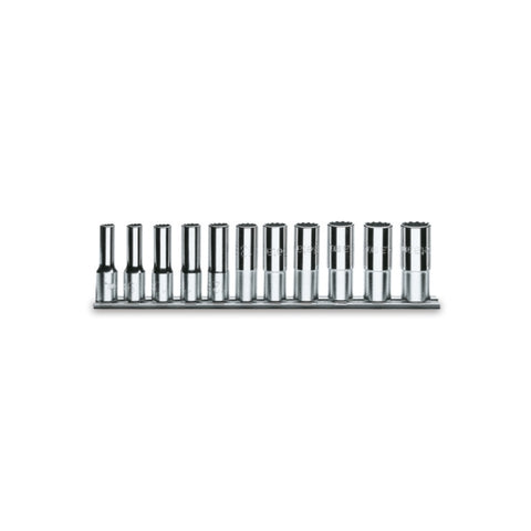 Serie di 11 chiavi a bussola a mano lunghe bocca poligonale (art. 920BL) su supporto